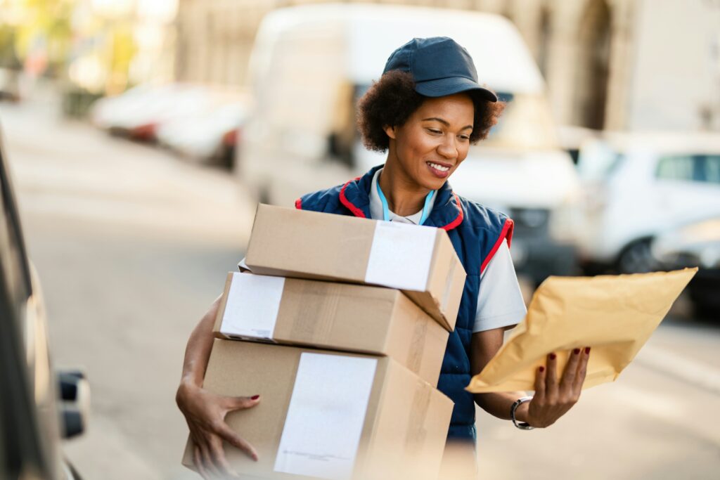 Livreuse Exprex remettant des colis et une enveloppe matelassée lors d'une tournée de logistique urbaine à Montréal