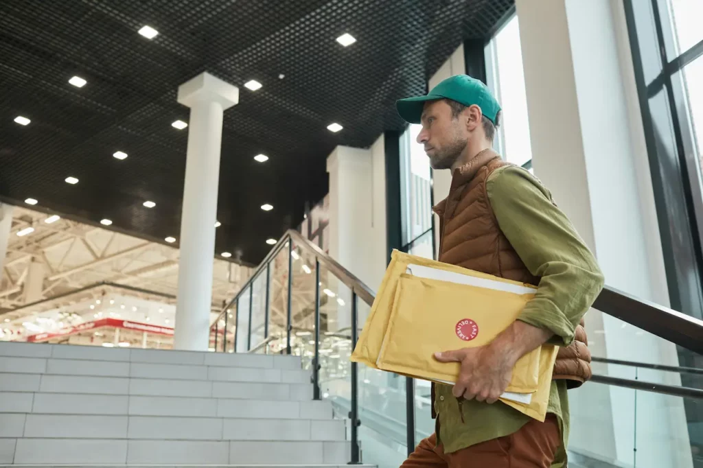 Livreur transportant des enveloppes matelassées dans les escaliers d'un immeuble