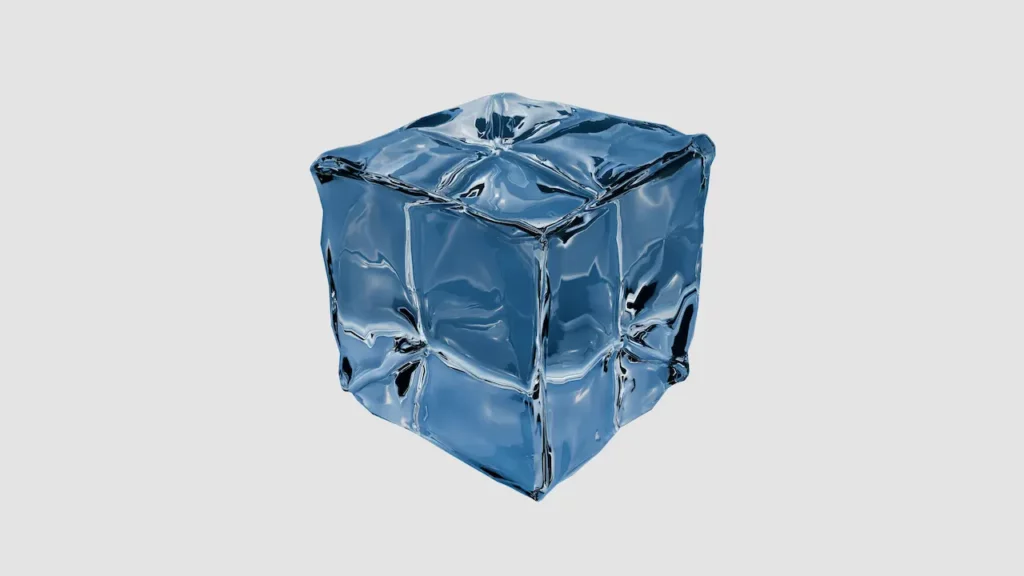 Glaçon bleu translucide sur fond gris, symbole de la chaîne du froid